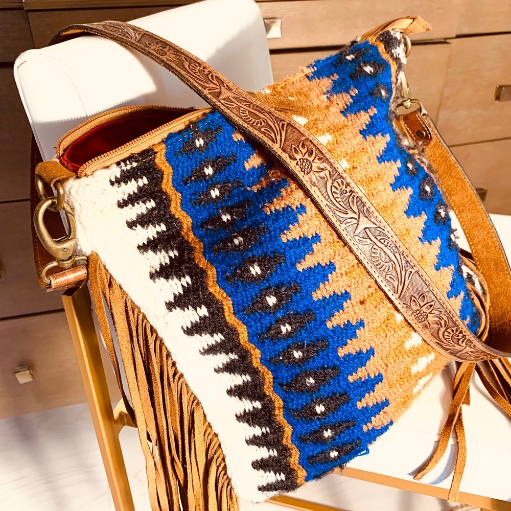 Southwestern Wool Saddle Blanket Crossbody Bag w/Tooled Leather Strap & Fringe